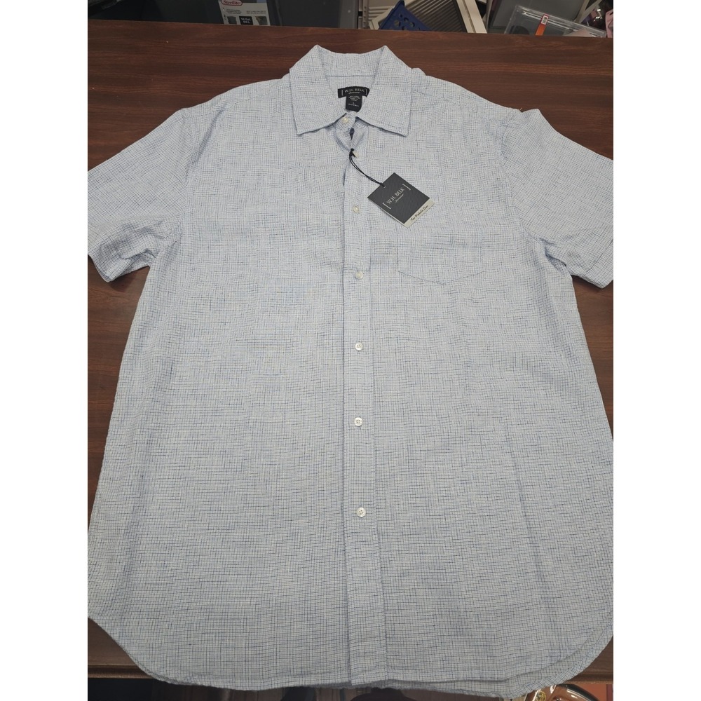 W.H. Belk Linen Blend Button Up Shirt Mens large Blue Short Sleeve NWT